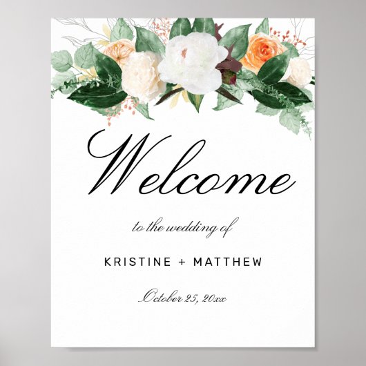 Poster Elégante Peach Aquarelle Florale Mariage Bienvenue (Devant)
