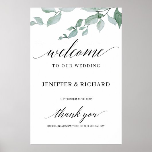 Poster Elégante verdure eucalyptus mariage bienvenue (Devant)
