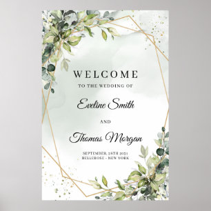 Poster Elégante verdure eucalyptus or mariage bienvenue