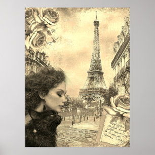 Poster Elégante Victorienne Fille & Chat Noir À Paris