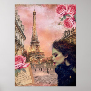 Poster Elégante Victorienne Fille & Chat Noir À Paris