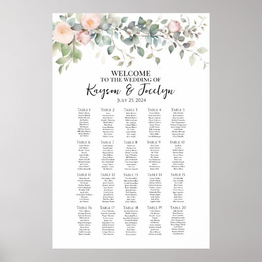 Poster Élégantes fleurs mariage carte de sièges 20 tables (Devant)