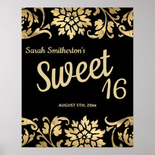 Poster Élégantes fleurs noires et or Sweet 16 Anniversair