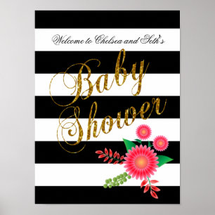 Poster Élégantes rayures noires et blanches avec fleurs r
