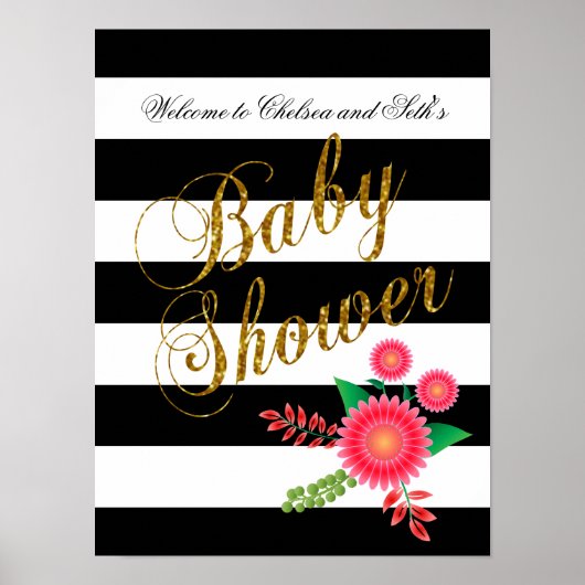 Poster Élégantes rayures noires et blanches avec fleurs r (Devant)