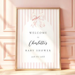 Poster Élégantes rayures roses noeud Baby Shower Fête de 