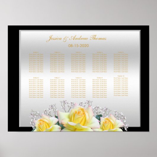 Poster Élégantes Roses Mariage Argent Chic (Devant)