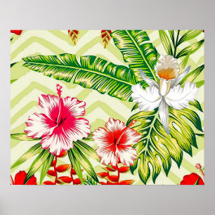 Poster Élégants Feuilles tropicaux et fleurs d'Hibiscus