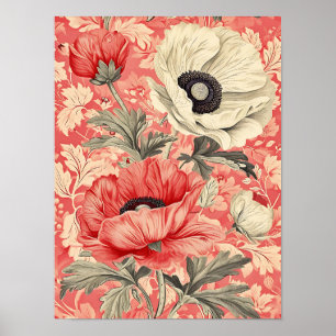Poster Élégants pavots blancs rouges Art floral