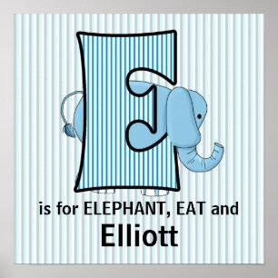 Poster Élément de chambre bébé Éléphant Bleu Monogrammé