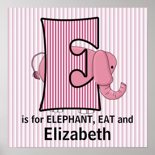 Poster Élément de chambre bébé éléphant rose monogrammé E (Devant)