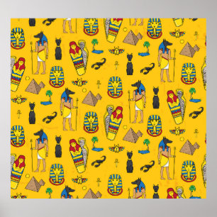 Poster éléments égyptiens, Anubis, motif pyramides.