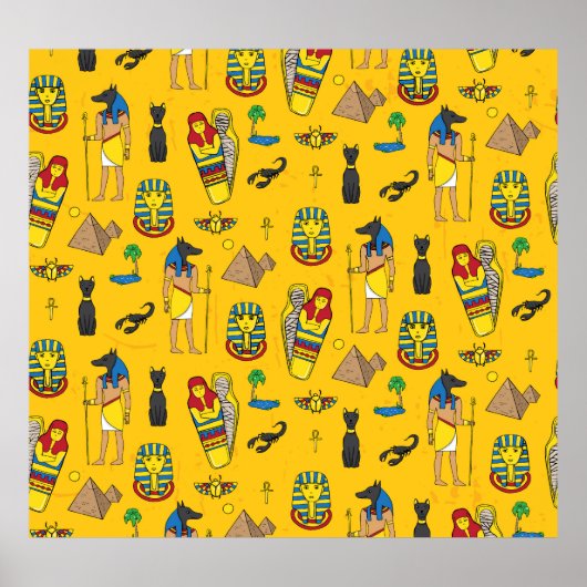 Poster éléments égyptiens, Anubis, motif pyramides. (Devant)