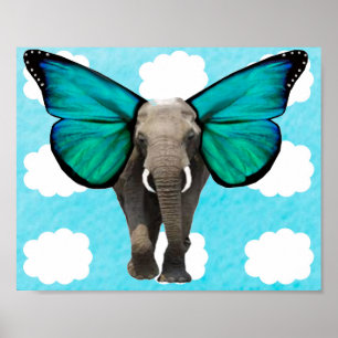 Poster Eléphant ailé bleu dans les nuages