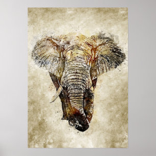 Poster Eléphant Aquarelle Vintage