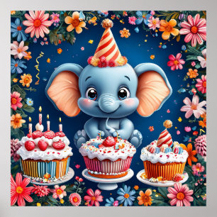 Poster Éléphant avec Gâteau et Ballons Fête d'Enfants Art