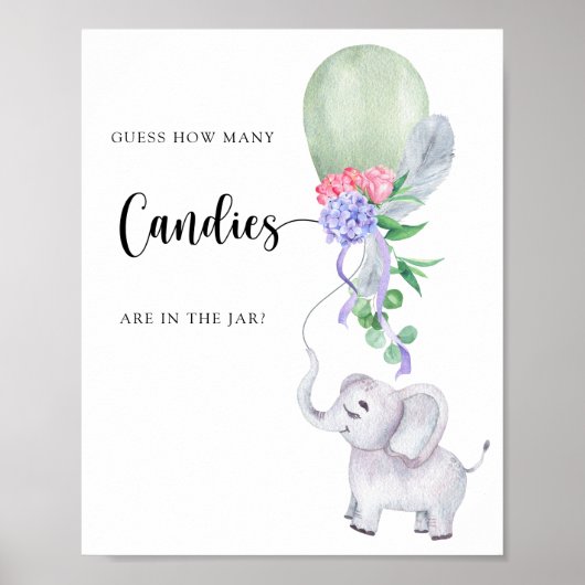 Poster Éléphant & Ballon - devine combien il y a de bonbo (Devant)