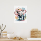Poster Éléphant Bébé Adorable avec Couronne Florale (Cuisine)