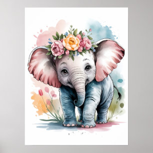 Poster Éléphant Bébé Adorable avec Couronne Florale