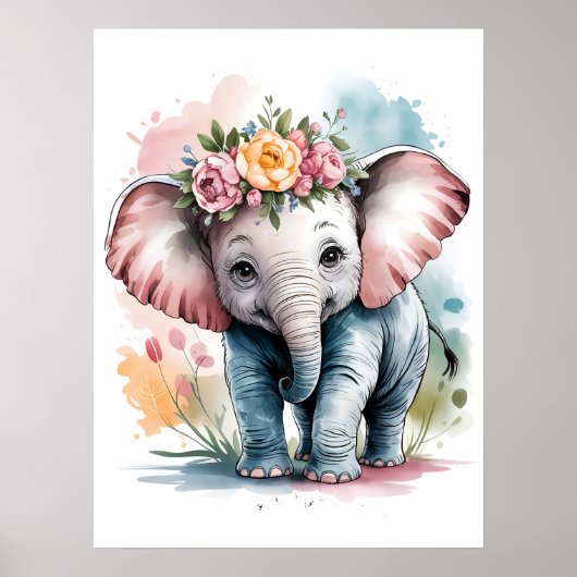 Poster Éléphant Bébé Adorable avec Couronne Florale (Devant)