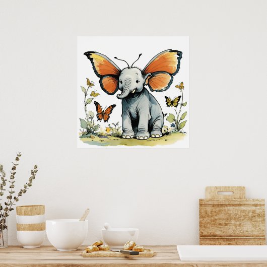 Poster Eléphant bébé avec Monarque Papillon d'aile Oreill (Cuisine)
