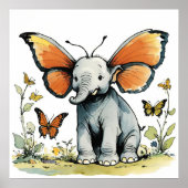 Poster Eléphant bébé avec Monarque Papillon d'aile Oreill (Devant)