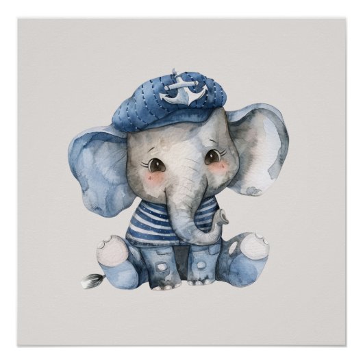 Poster Eléphant Bébé Bleu Cute Nautique (Devant)