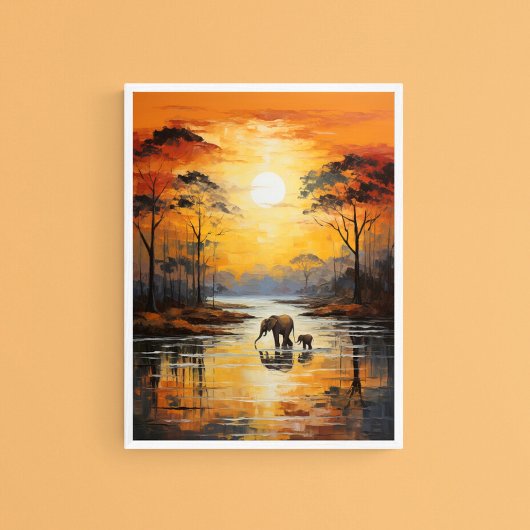 Poster Eléphant bébé et maman Profitant du coucher de sol