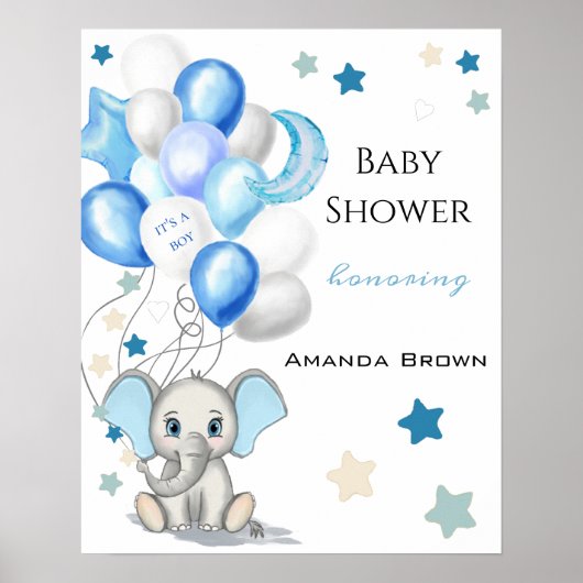 Poster Eléphant bébé mignon avec ballons Baby shower garç (Devant)