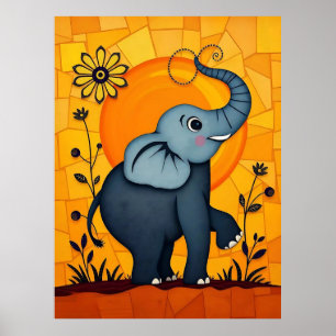 Poster Eléphant Bleu adorable aux accents floraux