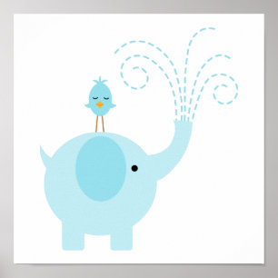 Poster Éléphant Bleu Adorable et Oiseau