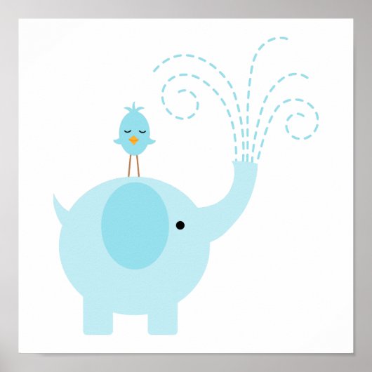 Poster Éléphant Bleu Adorable et Oiseau (Devant)