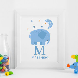 Poster Éléphant bleu Bébé garçon. Pépinière de monogramme