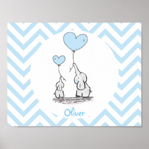 Poster Éléphant Bleu Bébé Garçon Personnalisé