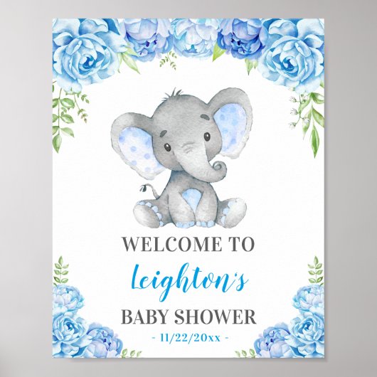 Poster Elephant Blue Boy Baby shower Sprinkl Bienvenue (Devant)