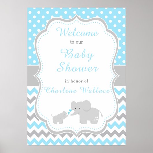 Poster Elephant Blue et Grey Baby shower Party (Devant)