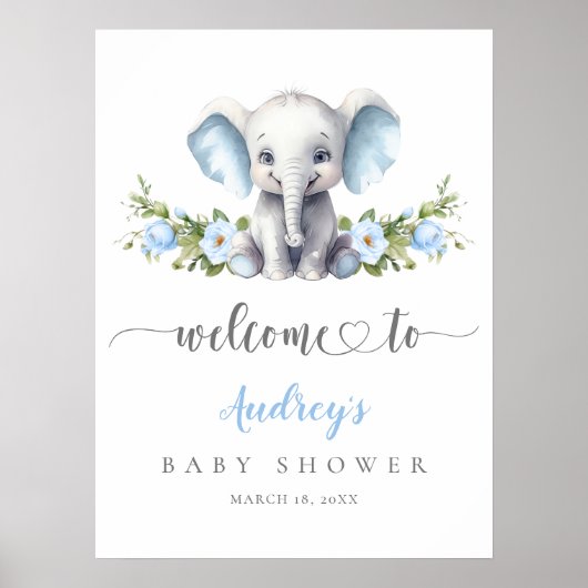 Poster Elephant Blue Floral Baby Boy Douche Bienvenue (Devant)