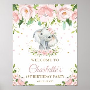 Poster Elephant Blush rose Floral 1er anniversaire Bienve