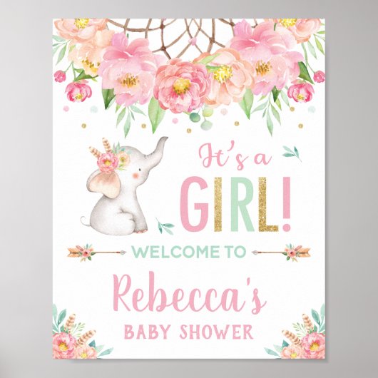 Poster Elephant Boho rose Baby shower Floral Bienvenue fi (Devant)