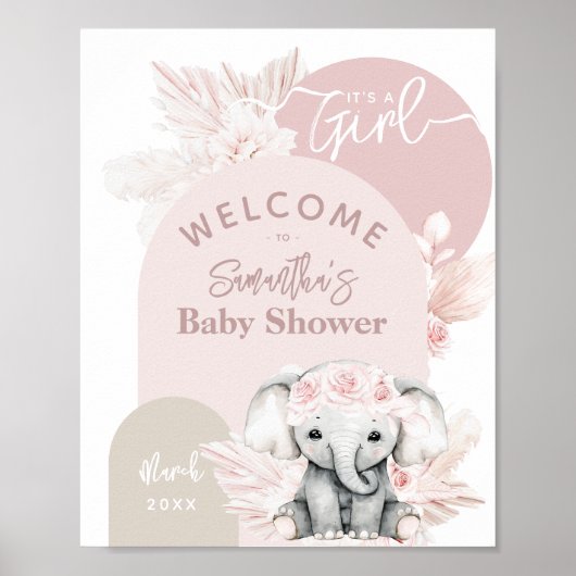 Poster Elephant c'est une fille Boho Floral Baby shower r (Devant)