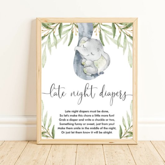 Poster Eléphant couche tard la nuit jeu baby shower