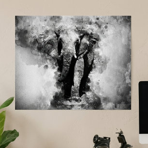 Poster Éléphant d'Afrique Aquarelle Noir et Blanc