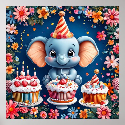 Poster éléphant d'anniversaire avec gâteau et ballons (Devant)