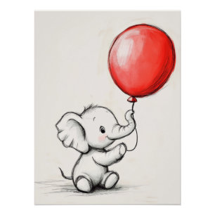 Poster Éléphant de bébé amical avec ballon rouge