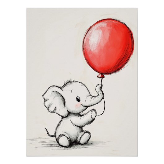 Poster Éléphant de bébé amical avec ballon rouge (Devant)