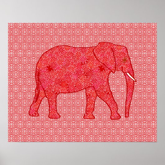 Poster Eléphant de fleurs - rouge profond et corail (Devant)