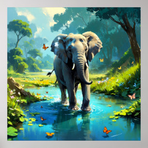 Poster Elephant de rêve avec des papillons dans la rivièr