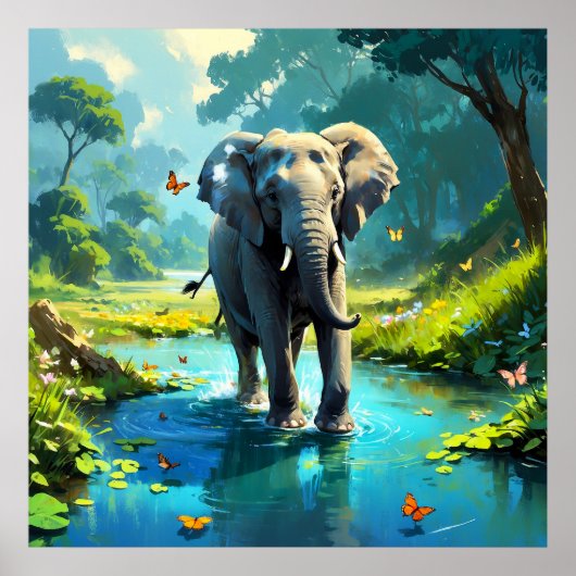Poster Elephant de rêve avec des papillons dans la rivièr (Devant)