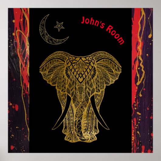 Poster Eléphant d'or aux tourbillons rouges. Nom modifiab (Devant)