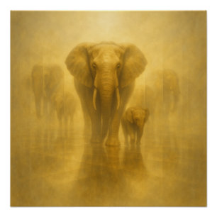 Poster Éléphant doré et veau dans un royaume miroir brume